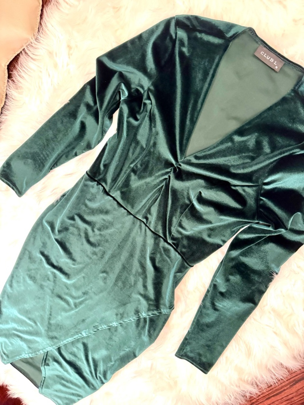 Club L London Deep Evergreen Velvet Midi Dress | Long Sleeve Wrap Slit | Size M - Picture 4 of 15